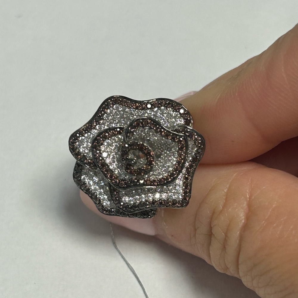 Suzy Levian Sterling Silver Brown White CZ Flower Ring NWT